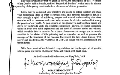 Messaggio del Patriarca Bartolomeo al Genfest